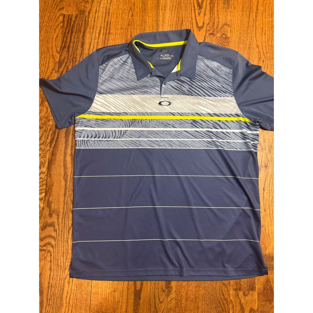 Oakley Mens XL Regular Fit Polo Shirt Blue Grey Stripe Graphic Performance Golf